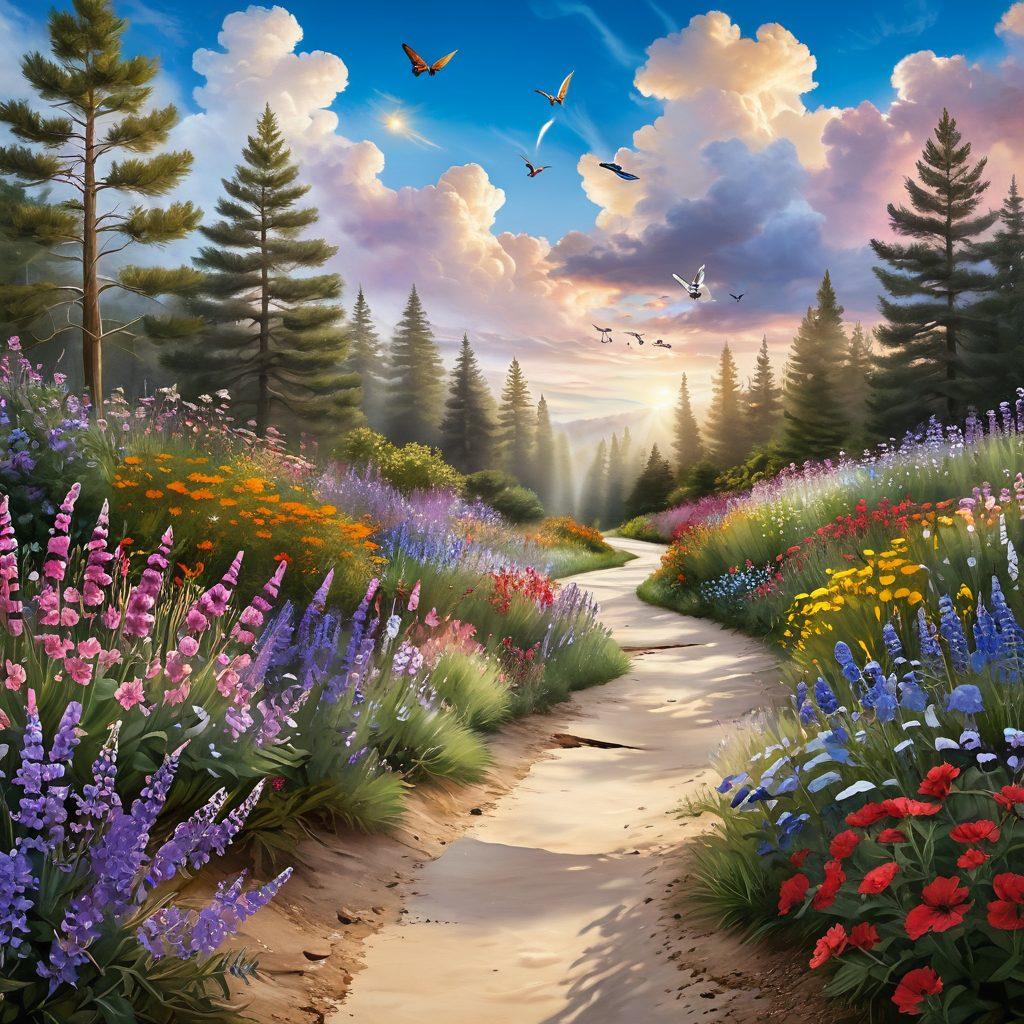 A serene landscape depicting a winding path symbolizing a survivor's journey, flanked by vibrant wildflowers representing hope and resilience. In the foreground, a diverse group of cancer survivors sharing stories, encapsulating strength and support. Soft sunlight filtering through gentle clouds creates an uplifting atmosphere. Include symbolic elements like butterflies or doves to signify transformation and freedom. vibrant colors. super-realistic.