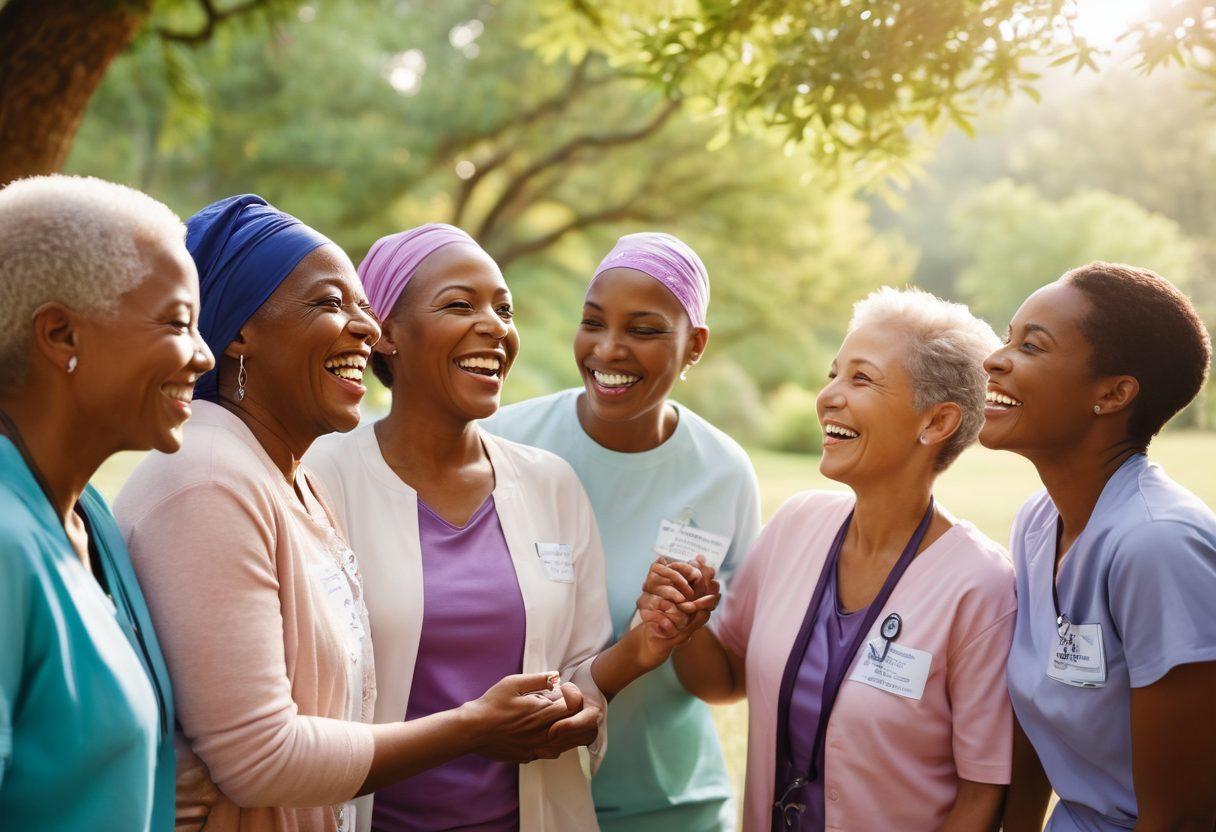 A serene and hopeful scene depicting a diverse group of cancer survivors sharing laughter and support in a bright, welcoming environment. In the background, inspirational quotes about resilience and hope are gently intertwined with nature, symbolizing growth and recovery. Soft lighting enhances a sense of warmth and community. Include a subtle symbol of healthcare, like a ribbon or stethoscope, blending into the natural elements. super-realistic. vibrant colors. soft focus.