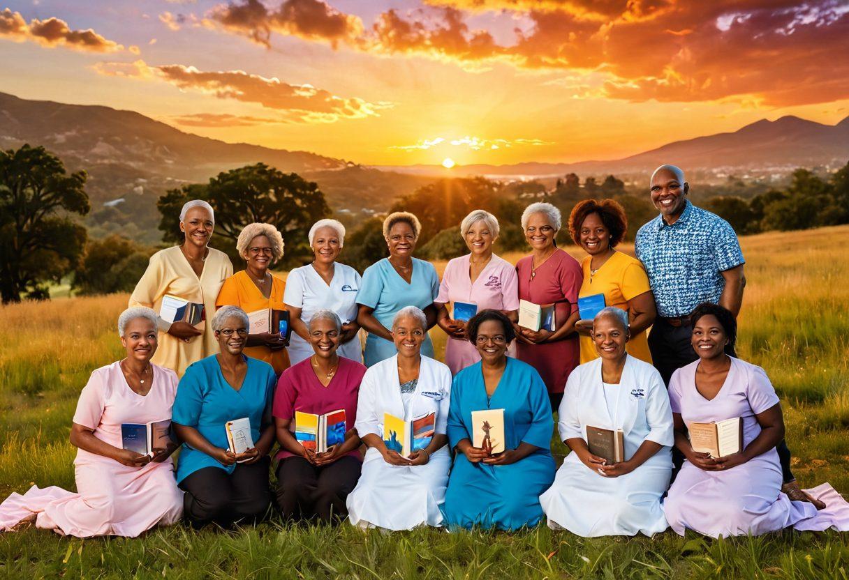 A serene landscape featuring a group of diverse cancer survivors joyfully celebrating life, with a vibrant sunset in the background symbolizing hope and resilience. Include elements representing knowledge, such as books and medical symbols subtly integrated into nature. The scene should evoke a sense of empowerment and community. super-realistic. vibrant colors. warm lighting.